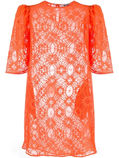 Msgm Puff-sleeved Floral Lace Shift Dress In Orange