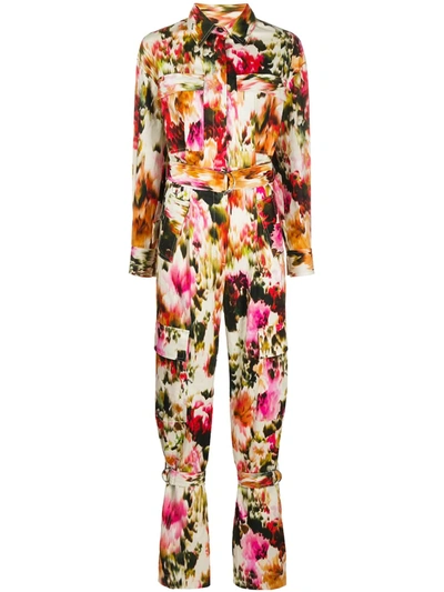 Msgm Floral Abstract-print Strap-detail Jumpsuit In Neutrals