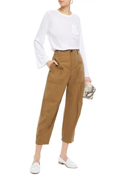 Brunello Cucinelli Cropped Crinkled Cotton-blend Tapered Pants In Camel