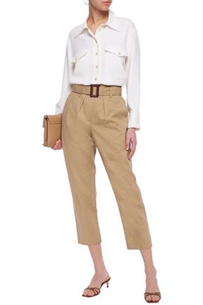 Brunello Cucinelli Cropped Belted Linen And Cotton-blend Tapered Pants In Sand