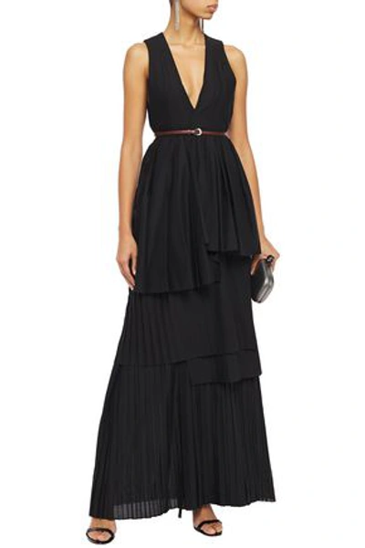 Brunello Cucinelli Layered Belted Pleated Mousseline Maxi Dress In Black