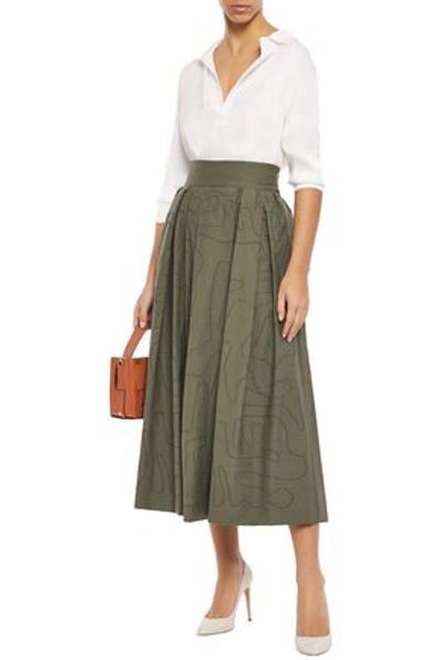 Brunello Cucinelli Bead-embellished Pleated Cotton-blend Twill Midi Skirt In Army Green