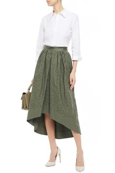Brunello Cucinelli Asymmetric Bead-embellished Cotton-blend Twill Skirt In Army Green