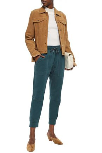 Brunello Cucinelli Cropped Bead-embellished French Cotton-blend Terry Track Pants In Petrol