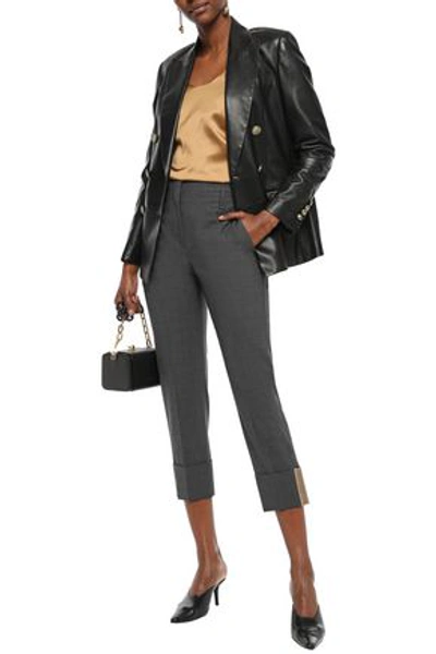 Brunello Cucinelli Cropped Grosgrain-trimmed Bead-embellished Wool-blend Tapered Pants In Anthracite