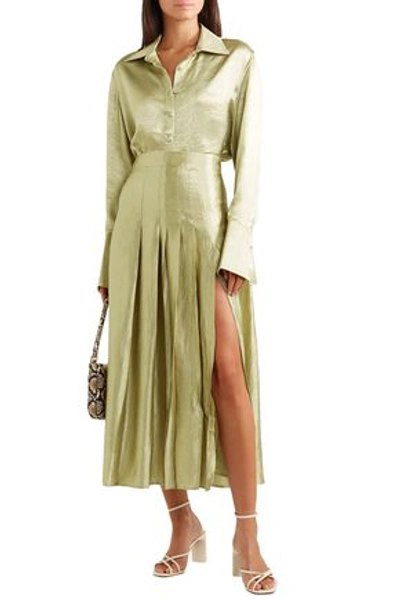 Anna Quan Sable Pleated Crinkled-satin Midi Skirt In Sage Green