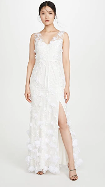 Marchesa Notte V Neck Embroidered Gown With 3d Chiffon Flowers And Front Slit In Ivory