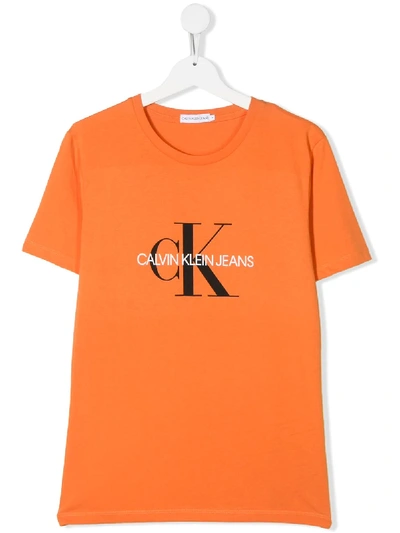 Calvin Klein Kids' Logo-print Cotton T-shirt In Orange