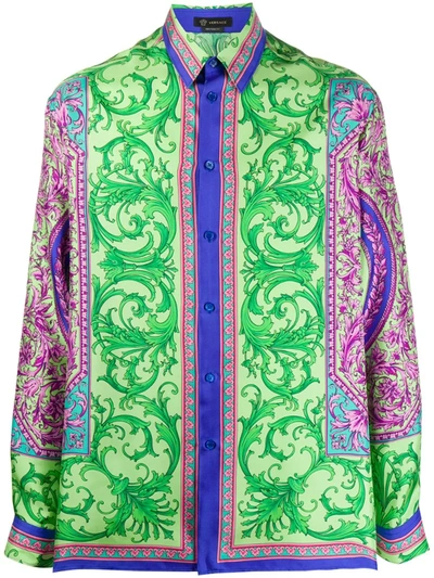 Versace Baroque-print Silk-twill Shirt In Green