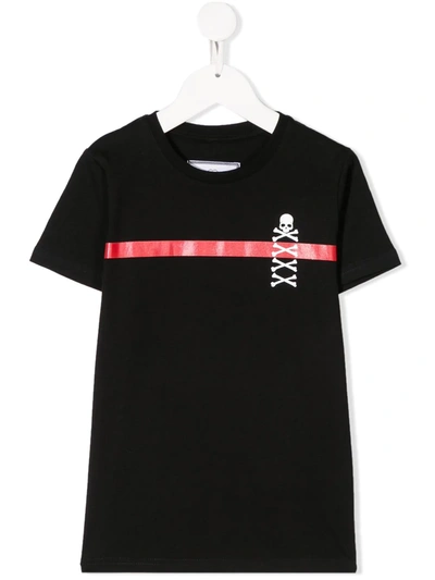 Philipp Plein Kids' Stripe Skull Print T-shirt In Black