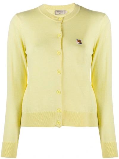 Maison Kitsuné Embroidered Logo Round Neck Cardigan In Yellow