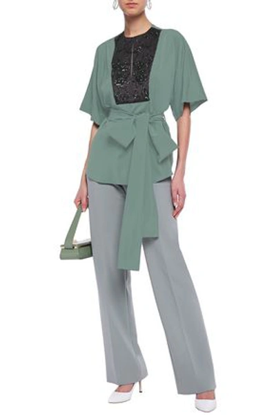 Brunello Cucinelli Belted Embellished Satin-paneled Stretch-silk Blouse In Grey Green