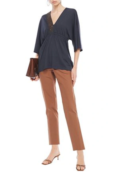 Brunello Cucinelli Embellished Cashmere And Silk-blend Top In Navy