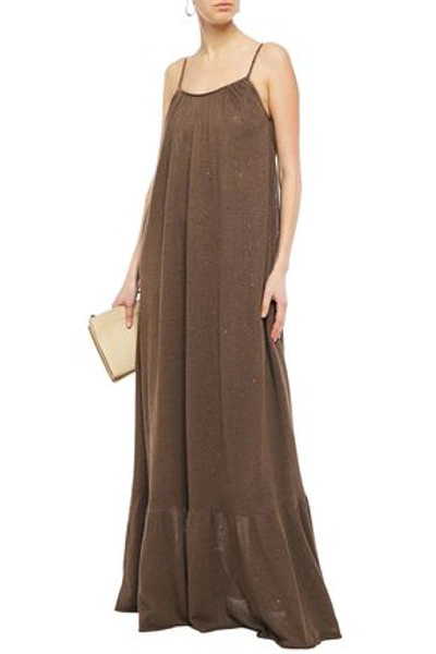 Brunello Cucinelli Open-back Sequin-embellished Linen And Silk-blend Maxi Dress In Light Brown