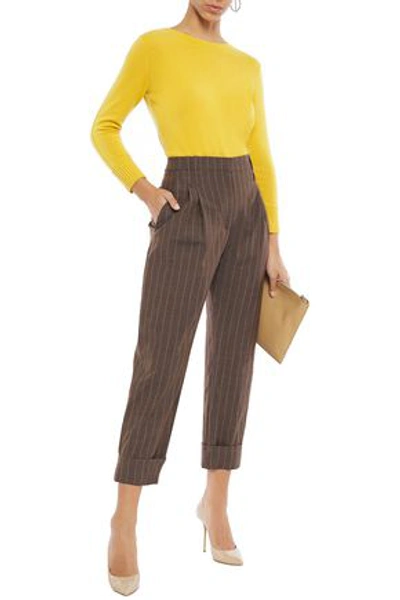 Brunello Cucinelli Cropped Pinstriped Wool Tapered Pants In Chocolate