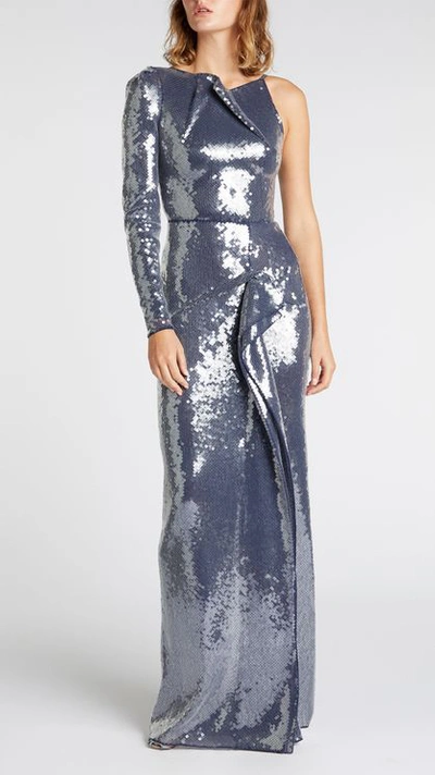 Roland Mouret Delamere One-sleeve Draped Sequined Tulle Gown In Navy