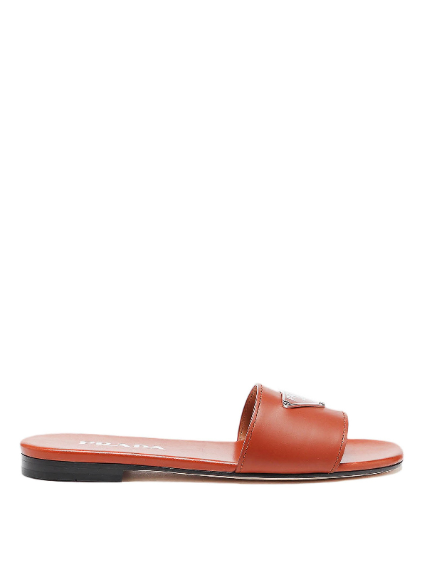 Prada Logo Plaque Flat Sandals In Brown | ModeSens