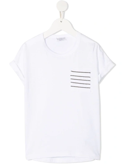 Brunello Cucinelli Teen Embellished Chest Pocket T-shirt In Bianco