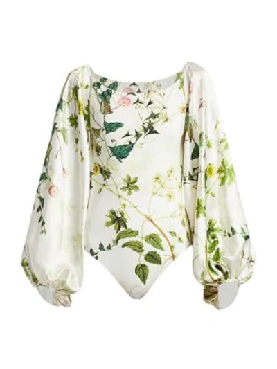 Adriana Iglesias Nube Wildflower Stretch-silk Puff-sleeve Bodysuit