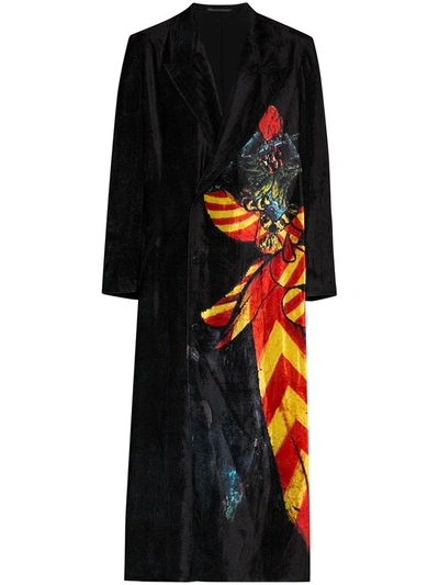 Yohji Yamamoto Crushed Velvet Knight Pattern Coat In Black