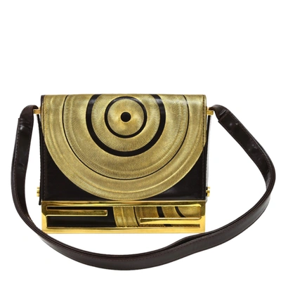 Pre-owned Fendi Dark Brown/gold Swirl Flap Shoulder Bag