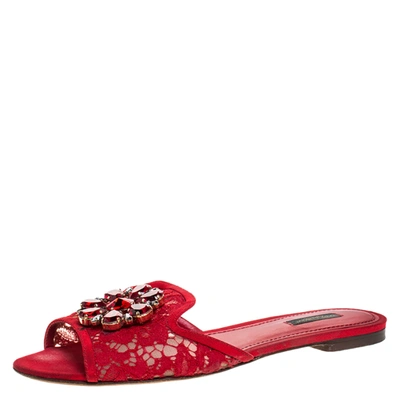 Pre-owned Dolce & Gabbana Red Lace Crystal Embellished Flat Slides Size 40
