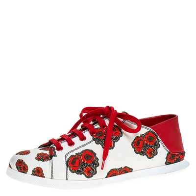 Pre-owned Alexander Mcqueen White/red Leather And Floral Canvas Low Top Sneakers Size 38