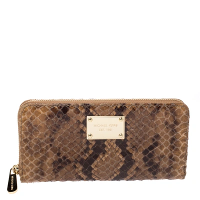 Pre-owned Michael Kors Brown Python Effect Leather Jet Set Zip Around Wallet
