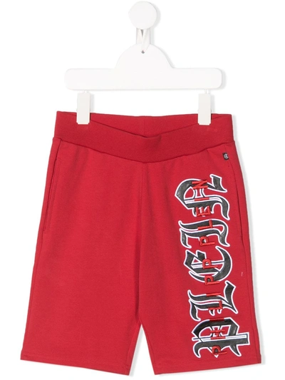 Philipp Plein Kids' Gothic Logo Print Bermuda Shorts In Red