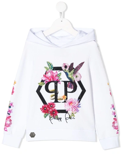 Philipp Plein Kids' Crystal Flowers Hoodie In White