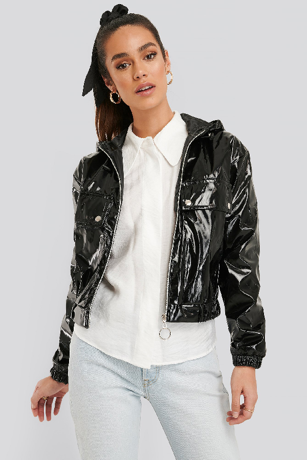 Trendyol Hooded Zippered Patent Jacket Black ModeSens
