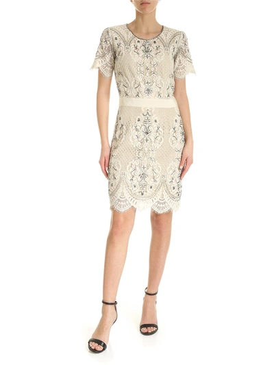 Twinset Embroidered Lace Dress In Ivory Color In Light Beige