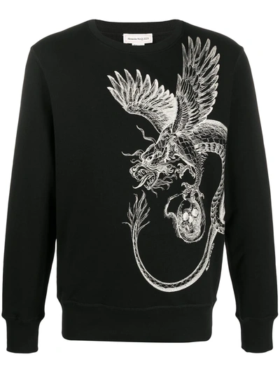 Alexander Mcqueen Crew Neck Dragon Print Sweatshirt In Black