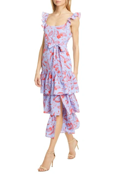 Likely Juno Floral Tiered Ruffle Midi Dress In Blue