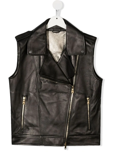 Brunello Cucinelli Teen Sleeveless Leather Jacket In Nero/oro