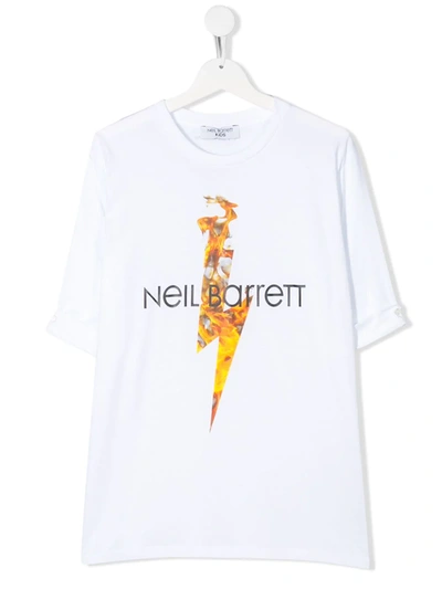 Neil Barrett Kids' Crew Neck Flame Print Logo T-shirt In White