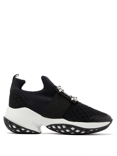 Roger Vivier Viv Run Crystal-buckle Mesh And Neoprene Trainers In Silver,black