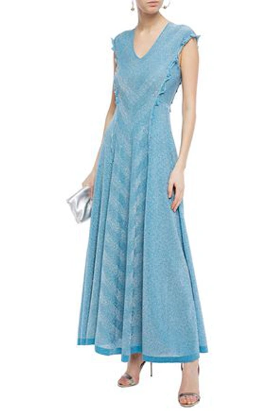 Missoni Ruffle-trimmed Metallic Knitted Maxi Dress In Light Blue