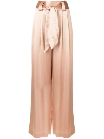 Tory Burch Belted Pleated Satin Wide-leg Trousers In Brown