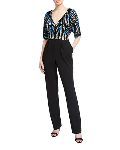 Aidan Mattox Beaded Bodice Kimono-sleeve Crepe Jumpsuit In Black