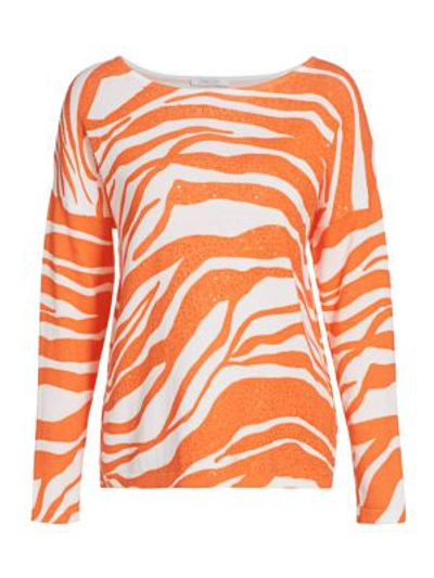 Joan Vass Plus Size Allover Animal Printed Sweater With Sequins In Orange Combo