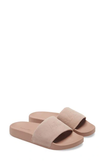 Allsaints Karli Perforated-logo Suede Sliders In Khaki