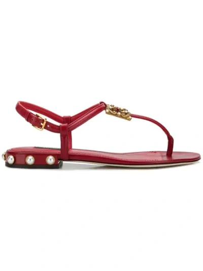 Dolce & Gabbana Logo-embellished Leather Sandals In Red Papavero