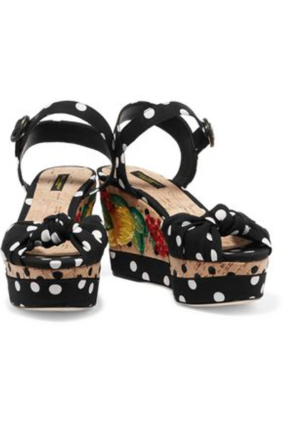 Dolce & Gabbana Embroidered Polka-dot Crepe Sandals In Black