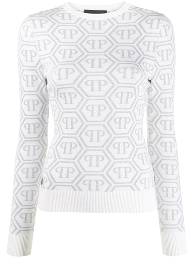 Philipp Plein Logo Print Long Sleeve Knitted Top In White