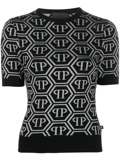 Philipp Plein All Over Logo Knit Top In Black