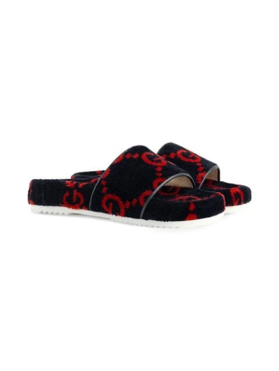 Gucci Kids' All Over Logo Cotton Terry Sandals In Blue