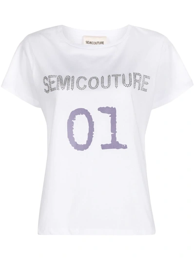 Semicouture Crystal Logo Detailed T-shirt In White