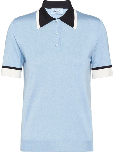 Prada Contrast-collar Silk Polo Shirt In Blue