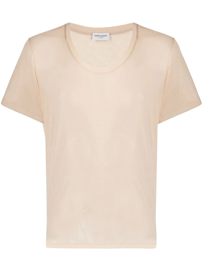 Saint Laurent Round Neck Sheer T-shirt In Neutrals